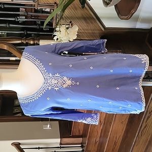 Sigrid Olsen Blue with White Embroidery 3/4 length sleeves tunic